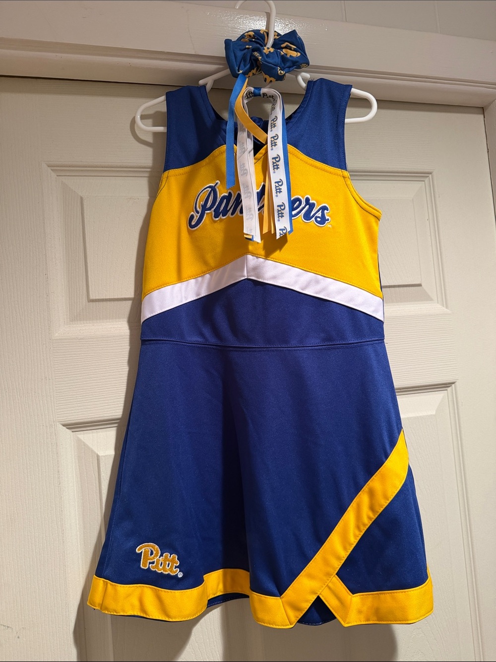 Pitt Girls' Blue and Yellow Cheer Dress with Matching Hair Bow